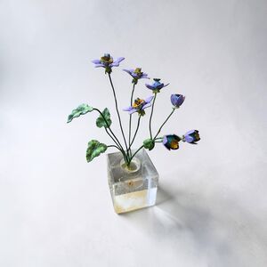 Vintage Purple Enameled Metal Wildflower Sculpture | Clear Lucite Block Base